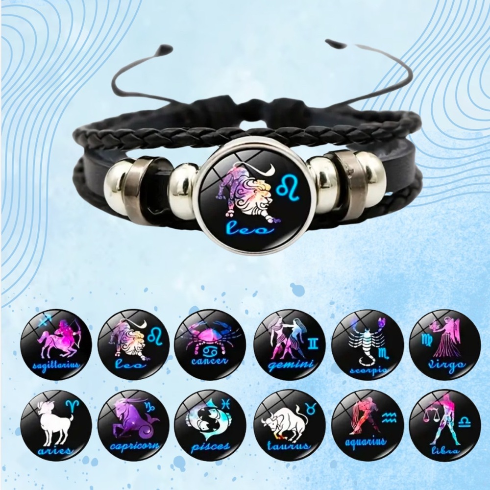 🌙 C691 - Luminous Faux Leather Braided Zodiac Sign Bracelet